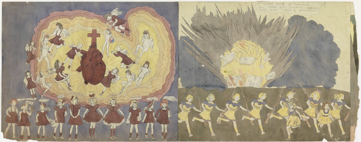 kushinon's tweet photo. 1892年生まれのヘンリー・ダーガーは、生前は無名のままシカゴの借間で長年孤独に過ごした。1973年に亡くなるまで、周囲に一切の創作を明かすことなく、少女たちの壮絶な戦いを描いた1万5千ページを超える長大無比な自作小説と、数々の圧倒的な挿絵・コラージュ作品を密かに制作し続けた。
代表作に登場する「ヴィヴィアン・ガールズ」は、一見すると愛らしい少女の姿をしながらもしばしば男性器を持つなど、生物学的・身体的な境界が曖昧に描かれている。こうした両性具有性やジェンダーの曖昧さは、作品の大きな特徴として多くの研究者や鑑賞者の注目を集めてきた。
彼の死後、部屋を片付けた元家主のネイサン＆キヨコ・ラーナー夫妻がその膨大な作品群の価値を見出して廃棄から救い、世に紹介したことでダーガーの名は世界的なものとなった。今日ではアール・ブリュットの巨匠として国内外の主要美術館や展覧会で高く評価され、現代美術の歴史に多大な影響を与え続けている。
遺言書を残さずにダーガーが亡くなったため、作品の管理や収益を担ってきたラーナー側の財団と、後から名乗り出た遠縁の親族（遺産管理団体）の間で、著作権や所有権を争う大規模な連邦訴訟が長期にわたって続いている。作品の保存・普及に尽力した支援者側と、法的相続人による権利回復の主張が対立しており、シカゴのインツゥイット美術館で居住空間の再現展示が行われるなど作品の公開が進む一方で、美術界や法曹界の双方からその法的動向が厳しく注目されている。