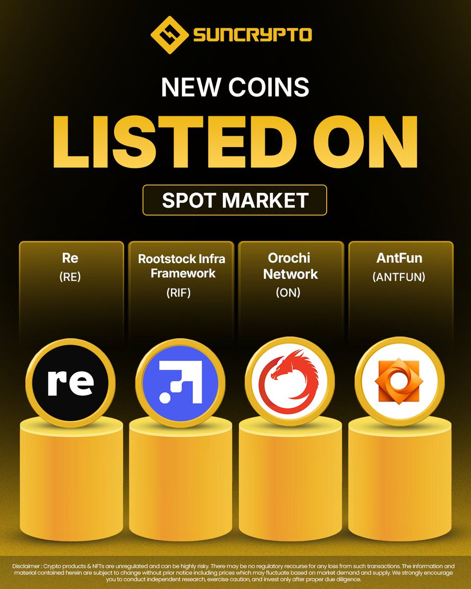suncryptoin's tweet photo. SunCrypto has just added 8 new & trending coins in the Spot Market.

Now available in INR pair:
Re (ethereum:0x526526528f35ac738177003b8773b402b8df8143 )
Rootstock Infra Framework (ethereum:0x01b603be3d545f096015741e6503440282bf45fb )
Orochi Network (ON)
Antfun (solana:CWZ6BsdnjkDVTGkmL6bGbJXXig6ceef12KvyGQW14cMt )
aPriori (ethereum:0x5a9610919f5e81183823a2be4bd1beb2b4da2a20 )
Cap (ethereum:0x99991c6aabba5a096f24f250b73580f5179b9999 )
Rain (rain:native )
https://t.co/WttN3Hkvll (o1-exchange:native)

Start trading now and explore more opportunities with SunCrypto!

#spotcryptotrading #NewListings #suncrypto