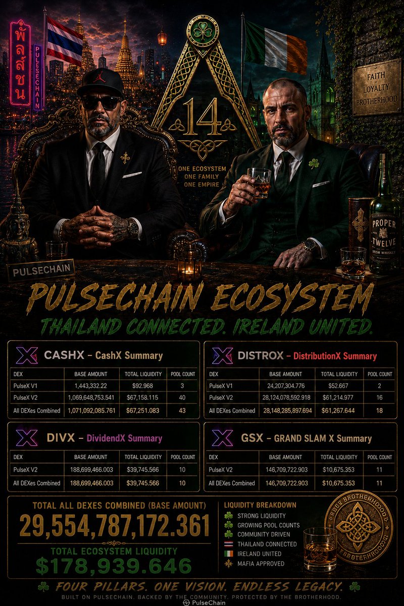 iamhimRICKYTAN's tweet photo. The numbers don't lie.

The PulseChain ecosystem continues to expand.

📊 Combined Base Amount: 29,554,787,172.361 
💰 Combined Ecosystem Liquidity: $178,939.646

Four projects. One ecosystem. 

CASHX 
DISTROX 
DIVX 
GSX

Liquidity grows. Pool counts grow. The ecosystem keeps building while others keep watching.

🇹🇭 Thailand Connected. 🇮🇪 Ireland United.

One Ecosystem. One Family. One Empire.

#PulseChain