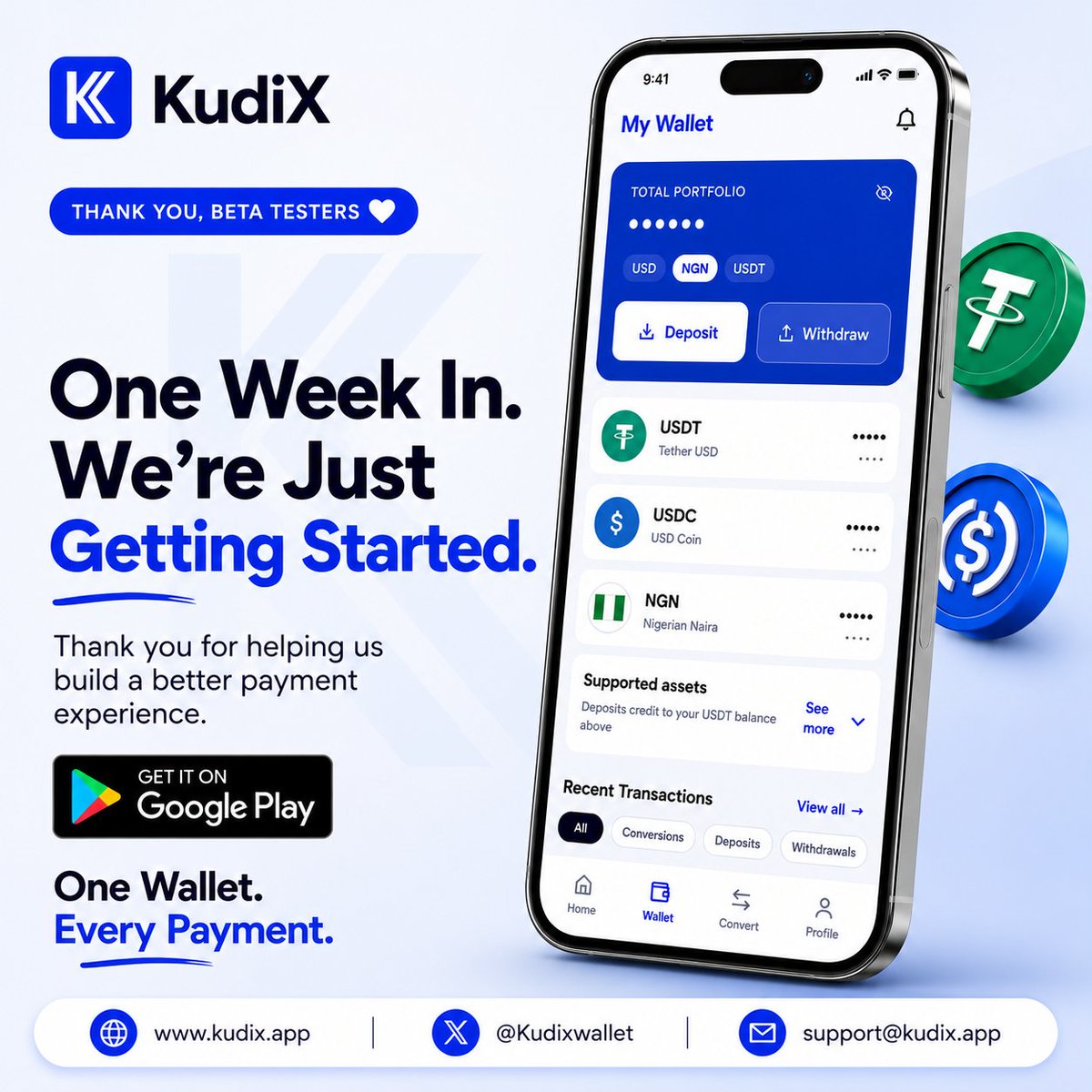 KudiXwallet's tweet photo. Is one week into our Public Beta, and we're just getting started.

If you haven't tried KudiX yet, now is the perfect time.

With KudiX, you can:

Deposit Naira
Receive USDT & USDC
Convert Crypto ↔ Naira
Withdraw directly to your bank account
Pay bills
Buy airtime & data

All from one simple, secure wallet.

Be part of shaping the future of digital payments,  try it today and give us your feedback.

One Wallet. Every Payment.