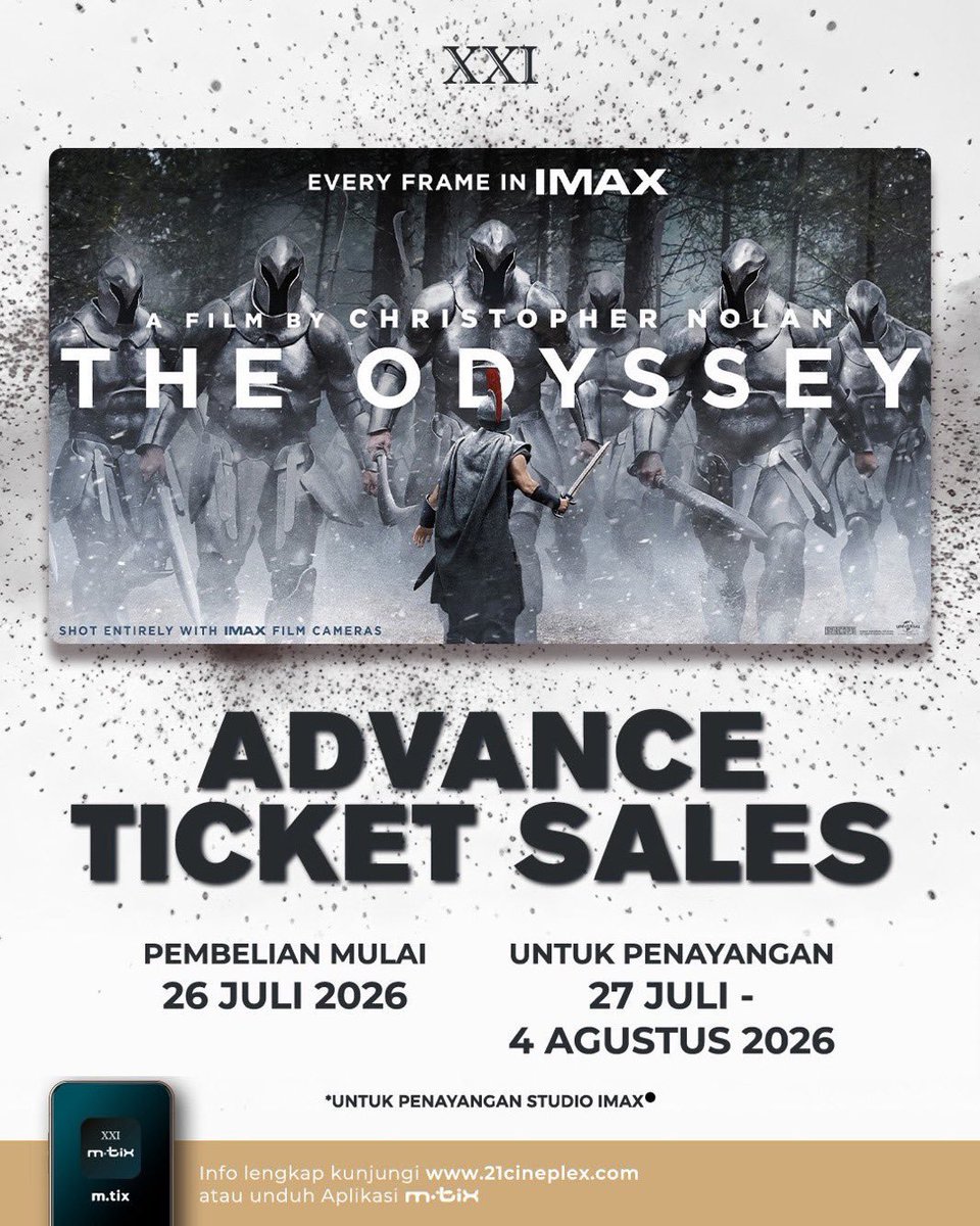 HabisNontonFilm's tweet photo. Kehabisan mulu IMAX buat THE ODYSSEY? Advance ticket sales buka lagi ges! 

Buat penayangan 27 Juli - 4 Agustus. Sikat beli seat terbaik dan favoritmu! https://t.co/Bk0EcamTKY