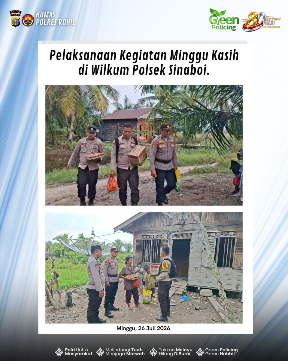 Humasres_Rohil's tweet photo. ✨ Kegiatan Minggu Kasih Polsek Sinaboi

Minggu, 26 Juli 2026 – Polres Rokan Hilir berbagi kebahagiaan dan kebutuhan pokok kepada warga, sebagai wujud kepedulian serta kedekatan Polri dengan masyarakat.

#PolresRokanHilir #PolsekSinaboi #MingguKasih #PolriUntukMasyarakat https://t.co/X09mv6N674