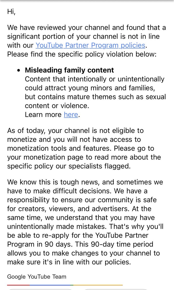 boogytoons's tweet photo. Hi @TeamYouTube,

My channel was demonetized for “Misleading Family Content,” and I’m genuinely trying to understand what caused the decision.

Since my case was reviewed by a specialized team, I assume there are internal notes explaining the main concerns. Could creators at least be told whether the issue mainly relates to the content itself, the metadata, thumbnails, titles, or something else?

Without any specific guidance, it is extremely difficult to know what to correct or how to avoid the same issue after reapplying.

I have been creating the same style of original animation for six years, including for several years while being monetized, so this sudden decision is very confusing.

I’m not asking for confidential internal details, just enough clarification to make the right changes and comply with the policies.

Thank you for your time.