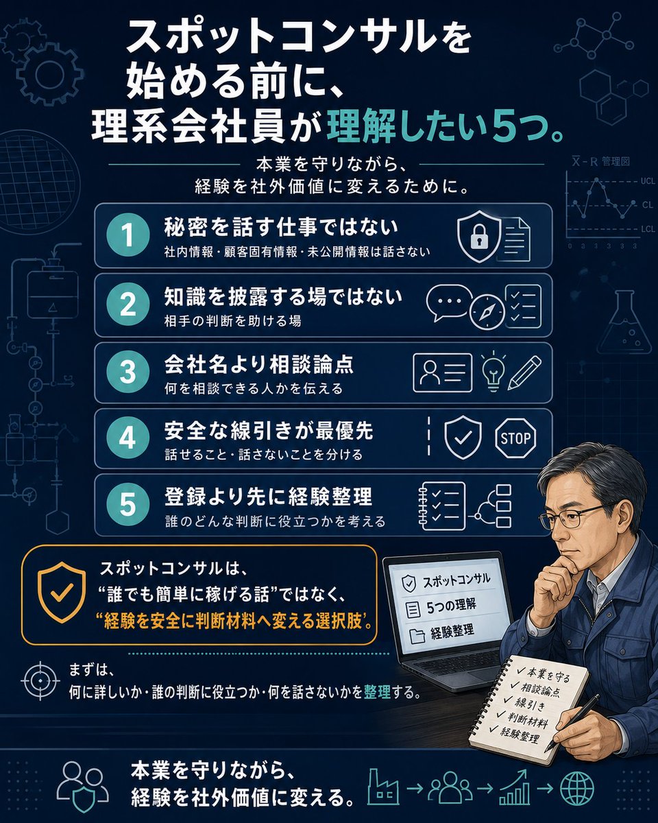 Mack_0915's tweet photo. スポットコンサルを始める前に、理系会社員が理解しておきたいことがあります。

1つ目は、秘密を話す仕事ではないこと。

社内情報、顧客固有情報、未公開情報は話しません。

2つ目は、知識を披露する場ではないこと。

価値があるのは、相手の判断を助けることです。

3つ目は、会社名より相談できる論点が大事なこと。

何を担当したかより、何を相談できる人かが伝わる方が重要です。

4つ目は、安全な線引きが最優先であること。

本業を守れない副業は続ける価値がありません。

5つ目は、���録より先に経験整理が必要なこと。

何に詳しいか。
誰の判断に役立つか。
どこまで一般論で話せるか。
何を絶対に話さないか。

ここを整理することが最初です。
スポットコンサルは、誰でも簡単に稼げる話ではありません。

でも、理系会社員が本業を守りながら経験を活かす選択肢の一つにはなります。

このアカウントでは、理系会社員が経験を社外価値に変える方法を発信しています。

同じ関心がある方は、フォローして一緒に整理していきましょう。

#理系副業
#技術職のキャリア
#専門性の活かし方
#月10万円