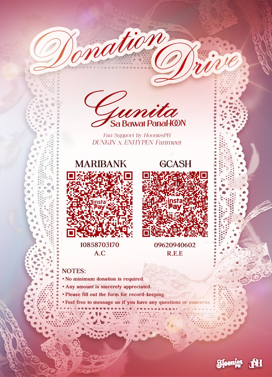 HooniesPH's tweet photo. Some memories are made not by one person, but by countless hearts beating for the same dream.

Fan Initiative Project
• GROUP LED TRUCK
• HAND BANNERS
• MOA MESH AD 

As we prepare this special fan project for the upcoming ENDLESS DUNKIN FUNMEET for SUNGHOON, we humbly ask for your support. 

You may scan the QR codes below. 

Donation Form: https://t.co/9AXOtNBG18

Transparency Sheet: https://t.co/OXQrlr8drW

#GUNITA_SaBawatPanaHOON #SUNGHOON #ENHYPEN #DUNKINxENHYPEN #HooniesPH