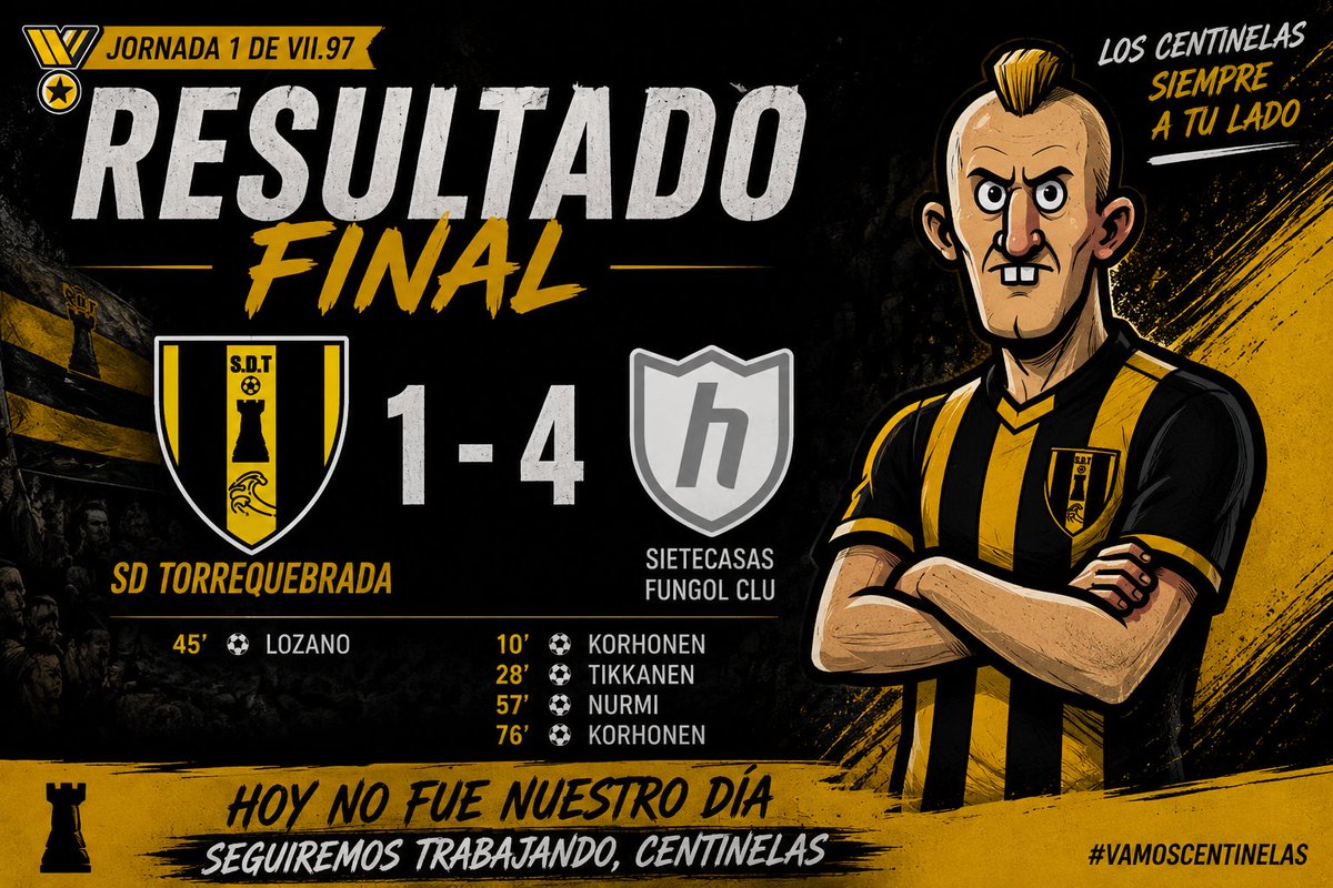 SDTorrequebrada's tweet photo. FINAL | Jornada 1

No era el inicio que soñábamos. Caemos 1-4 ante Sietecasas Fungol Clu en el estreno liguero.

Toca levantarse, aprender y seguir trabajando. Esto no ha hecho más que empezar.

¡Gracias por estar siempre ahí, Centinelas! 🟡⚫💪 #VamosCentinelas #Hattrick https://t.co/lIuR2Ix3JF