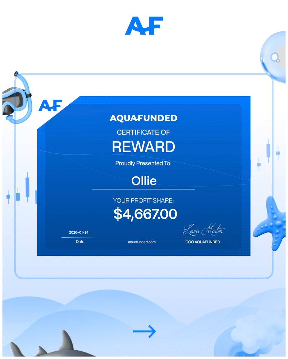 AquaFunded's tweet photo. This week:

✔️ Ollie made $4,667.00
✔️ Kyllian made $9,929.70
✔️ Matteo made $1,819.80
✔️ Abderrahmane made $2,220.00
✔️ Dawid made $2,738.70

With us you can trade up to $400,000 instantly and skip the evaluation completely

You can also request rewards on demand so you are not stuck waiting for fixed reward cycles