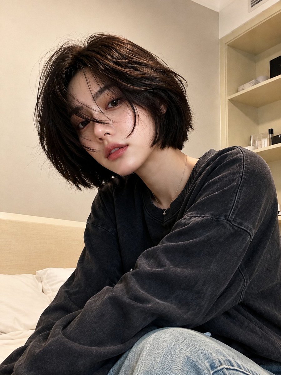 meng_dagg695's tweet photo. Nano Banana 2 creation @SocialSight

Prompt : Ultra-photorealistic candid indoor selfie portrait of a beautiful young East Asian woman with fair porcelain skin and delicate facial features, short chin-length textured French bob haircut in deep dark brown with soft layers and messy volume, wispy bangs and loose strands naturally falling across her face partially covering one eye, thick natural eyebrows, almond-shaped dark brown eyes looking directly into the camera with a calm, dreamy expression, small straight nose, soft gradient pink lips, minimal Korean makeup with flawless skin, subtle blush and natural lashes. She rests her face gently on her left hand with her elbow supported, head slightly tilted, one bent knee in light-wash blue denim visible in the foreground. Wearing an oversized charcoal-black acid-wash long-sleeve sweatshirt with sleeves covering part of her hand and a delicate thin silver necklace with a tiny pendant. Cozy minimalist bedroom or modern hotel room interior with warm beige walls, upholstered headboard, built-in open shelves containing neatly arranged skincare bottles and small personal items, clean uncluttered aesthetic. Soft warm diffused ambient lighting, natural indoor illumination, gentle shadows, realistic skin translucency, cinematic warm color grading. Shot on a premium smartphone front camera, 28mm equivalent lens, eye-level perspective, shallow depth of field, crisp focus on the eyes, subtle background bokeh. Editorial lifestyle photography, intimate, relaxed, effortless beauty, Korean aesthetic, highly detailed skin pores, realistic hair strands, HDR, ultra-sharp, 8K, DSLR quality, true-to-life colors, high dynamic range, cinematic composition, premium fashion magazine quality, masterpiece, award-winning photography.
Negative Prompt: low quality, blurry, soft focus, noise, grain, overexposed, underexposed, plastic skin, excessive skin smoothing, CGI, 3D render, anime, cartoon, doll face, bad anatomy, deformed face, asymmetrical eyes, extra fingers, missing fingers, distorted hands, duplicate body parts, unrealistic proportions, watermark, logo, text, compression artifacts, oversaturated colors, harsh flash, motion blur.