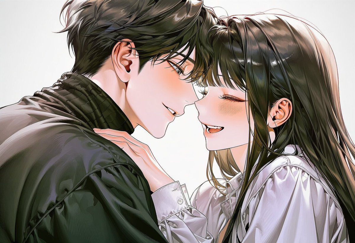 byo__2049's tweet photo. 두 사람의 숨결이 섞일 만큼 가까운 거리. 
타율 아주 좋아요~ ♪(´▽｀)

Couple, peaceful atmosphere, foreheads touching, hugging, Portrait, profile, seen from the side, fluttering, close-up, Face focus, short distance, Gentle lighting, bright smile, https://t.co/qIGrkfeQMB