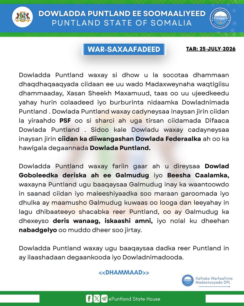 Koonis_Media's tweet photo. WAR-SAXAAFADEED
Ay so sareen maamulka puntaland https://t.co/PfLbkMGH2Q