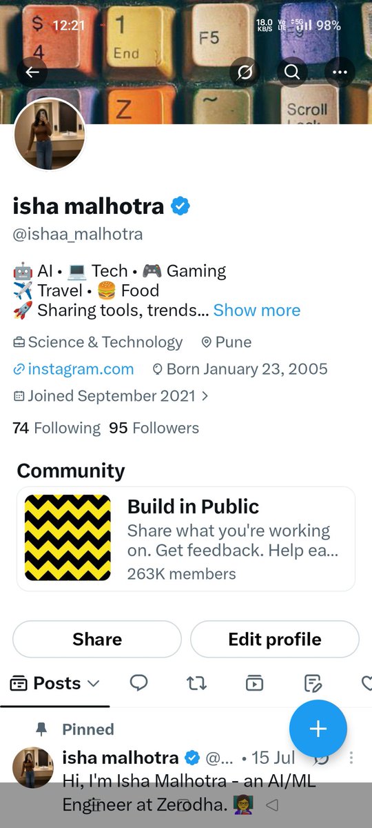 ishaa_malhotra's tweet photo. Hi, I'm Isha Malhotra 👋

AI/ML Engineer at Zerodha. 🚀

I'll be sharing what I learn every day about:

• AI & LLMs
• Machine Learning
• Building AI Projects
• Coding
• Developer Tools
• Future Tech

If you're passionate about AI, coding, or building cool things, drop a 🤝 below.

Let's connect and grow together.