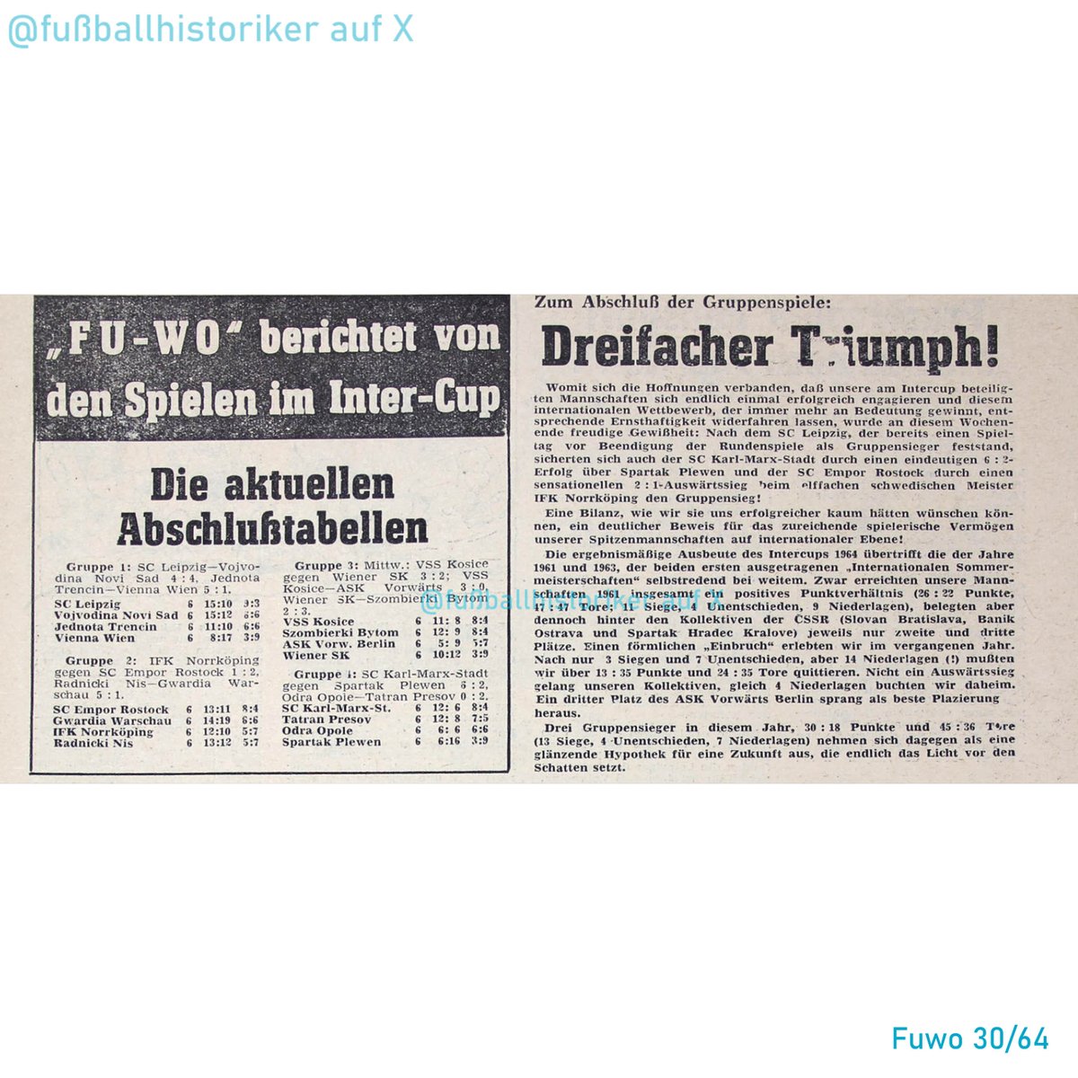 FussballDdr's tweet photo. 📌 26.07.64

Drei DDR-Mannschaften gewinnen ihre IFC-Gruppen – ein Rekord.

Am letzten Spieltag siegt @chemnitzerfc 6:2 gegen Spartak Plewen, @HansaRostock gewinnt 2:1 beim IFK Norrköping.
Zuvor hatte bereits der @1fclokleipzig den Gruppensieg perfekt gemacht.

Damit stellt die DDR erstmals drei Gruppensieger im Internationalen Fußball-Cup.
Diesen Bestwert erreicht sie noch einmal 1965 und 1986.

#DDRFußballkalender #DDR #Oberliga #Fußballgeschichte #IFC #Rekord #ChemnitzerFC #HansaRostock