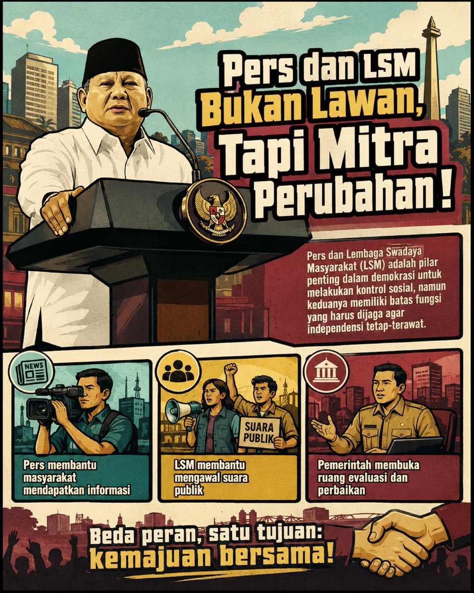pinklovers30's tweet photo. Pers sama LSM tuh bukan musuh, melainkan partner kolaborasi buat kemajuan bersama. Beda peran tapi tujuannya tetap satu.
#JagaIndonesia #Demokrasi #MitraStrategis #PersDanLSM https://t.co/bCEjUckrVV