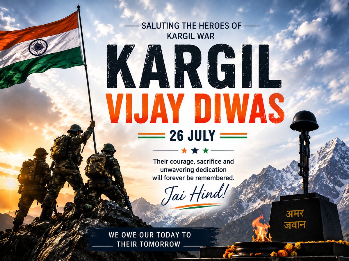 AdvShradhanjali's tweet photo. "शौर्य, साहस और बलिदान का प्रतीक—कारगिल विजय दिवस। वीर शहीदों को विनम्र श्रद्धांजलि।" 
जय हिन्द!
#KargilVijayDivas #26July #KargilWar #Dras #JayHind #BharaMataKiJay https://t.co/qrggxVdItf