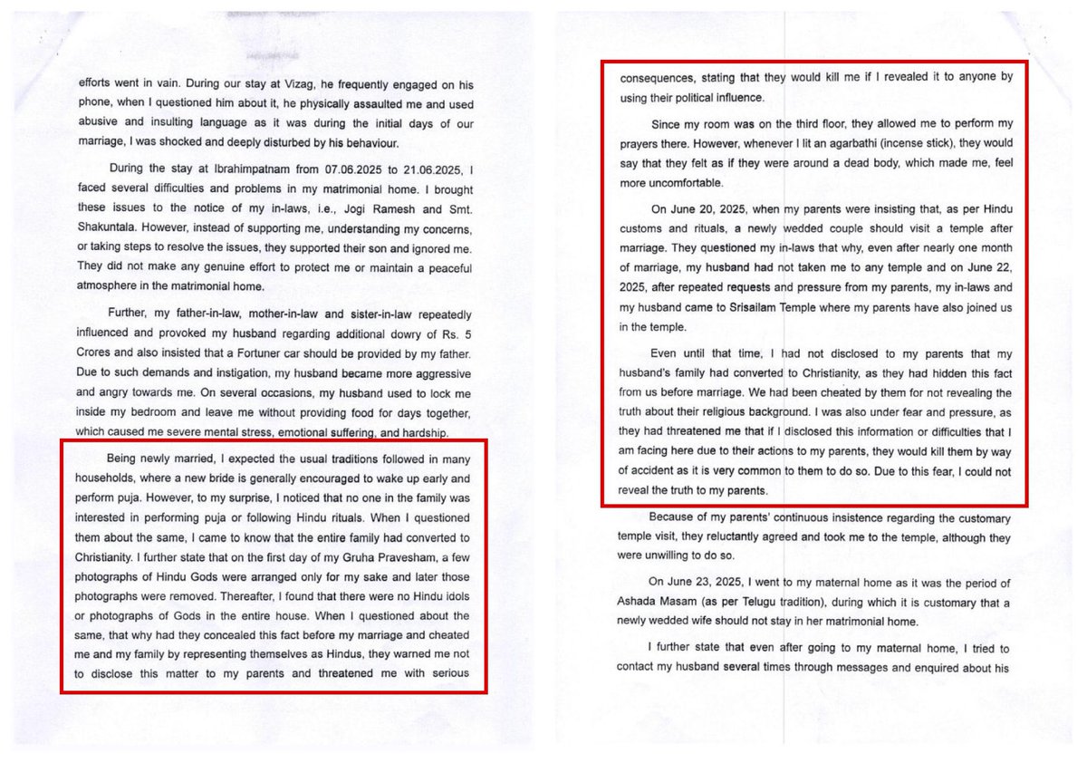 ImKeshavSoni's tweet photo. To those who mock #LoveJihad as propaganda: read the police complaint filed by YSRCP Ex-Minister Jogi Ramesh’s daughter-in-law Meghana.

The Ex Ministers family presented themselves as Hindus before marriage but later revealed christian background. 

Ironically, YSRCP is the same party led by Y.S. Jagan Mohan Reddy, who professes Christianity, but projects himself as Hindu to seek votes.