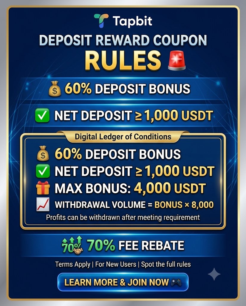 Crypto_Rebate_X's tweet photo. 🚨Tapbit Deposit Reward Coupon 

💰 60% Deposit Bonus
✅ Net Deposit ≥ 1,000 USDT
🎁 Max Bonus: 4,000 USDT
🔥70% Fee Rebate
https://t.co/xUQZ1zPtpy

📈 Withdrawal Requirement
• Trading Volume = Bonus × 8,000
• Once completed, bonus becomes withdrawable
• Profits can be withdrawn anytime after meeting the requirement

⚠️ Important
• Coupon is used to open positions first
• Cannot offset losses, trading fees, or funding fees
• Any transfer out from the Futures account will cancel the bonus
• Unqualified bonuses will expire and be reclaimed
#Crypto #Futures #Bonus #USDT #Trading #DepositBonus