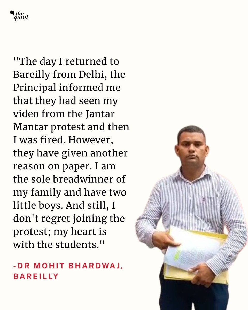 TheQuint's tweet photo. The student protests in Delhi's Jantar Mantar have gotten over but there are some who are paying the price for being a "cockroach."

Assistant professor Dr Mohit Bhardwaj who teaches Commerce has lost his job for "joining the protest" on 20 July. In videos accessed by The Quint, he was heard chanting in a crowd: "Whenever Modi gets scared, he pushes the police forward, and "Dharmendra Pradhan, give your resignation." 

Now, he's demanding answers from his college Ganna Utpadak PG College for firing him after he returned from the protest. Bhardwaj alleges that the chairman of the college society who sent him the termination letter is affiliated to the BJP. We have accessed his photos with a BJP leader and his participation in RSS events.

On paper, he has stated the termination is due to many complaints against Bhardwaj, but Bhardwaj told us there have been no complaints from students. The Principal had also given him a character certificate two months ago, thus raising questions over his termination. Even reaching the Delhi protest was not a cakewalk from Bhardwaj, which he still says he does not regret. Read the full story by Aliza Noor on The Quint: https://t.co/dDchO1knlt