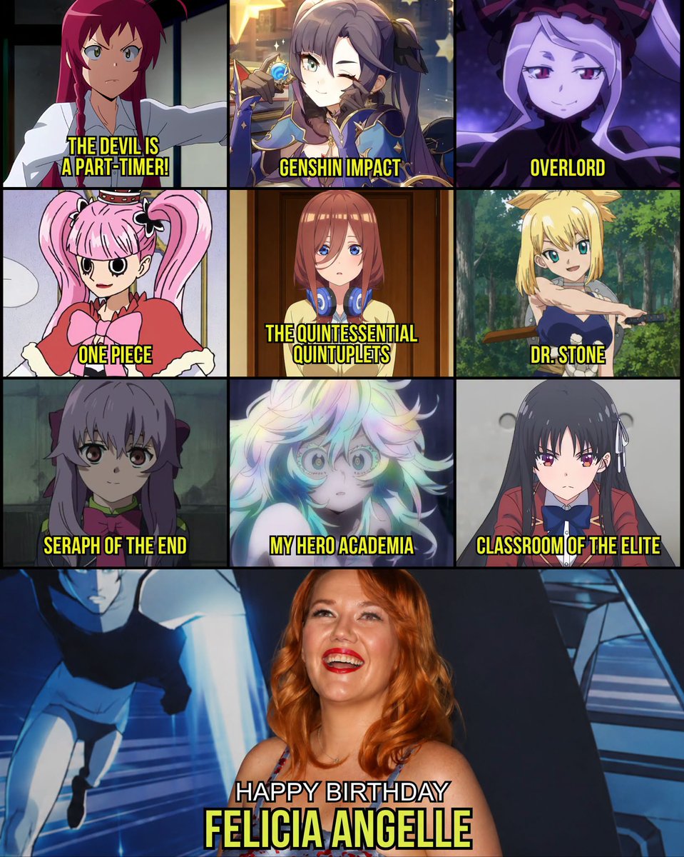 oniichanph's tweet photo. Happy 40th Birthday to Felecia Angelle! 🎉

From fan-favorite anime heroines and supernatural fighters to iconic video-game characters, Felecia Angelle has built an impressive career as a voice actress and ADR director. Fans know her for bringing memorable personalities such as Miku Nakano, Mona Megistus, Kohaku, Perona, and Toru Hagakure to English-speaking audiences.

Some of her most notable roles include:

• Miku Nakano (The Quintessential Quintuplets and The Quintessential Quintuplets Movie)
• Mona Megistus (Genshin Impact)
• Kohaku (Dr. Stone)
• Perona (One Piece and One Piece: Stampede)
• Toru Hagakure / Invisible Girl (My Hero Academia)
• Shalltear Bloodfallen (Overlord)
• Suzune Horikita (Classroom of the Elite)
• Asta / Hook (Honkai: Star Rail)
• Supreme Kai of Time (Dragon Ball Xenoverse and Dragon Ball Xenoverse 2)
and many more!

Happy birthday Felecia Angelle! 🎂