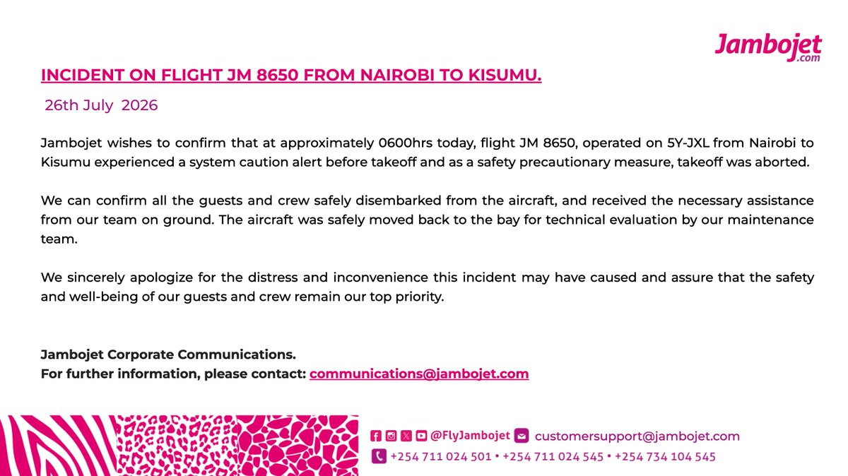 FlyJambojet's tweet photo. Official Statement.
Incident on Flight JM 8650 from Nairobi to Kisumu. https://t.co/wHwuIIB2sw