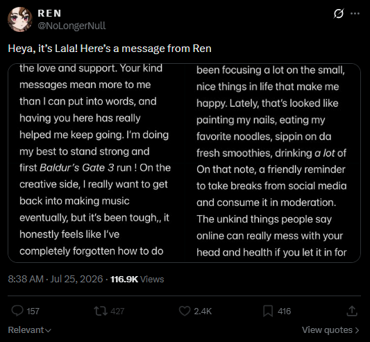 TheMeowscarade's tweet photo. ren naming her social media manager persona after one of her most common vocal/text stims; "la lala lala", is like me naming somebody "meo","mew","maow","mao"

yeah dont believe her, sorry pal, the boy who cried wolf strikes again!

anyways guys! im take break, say hi to Mao now! https://t.co/fG53Odd17H