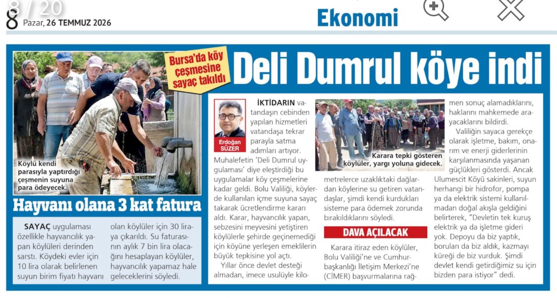 erdogansuzer's tweet photo. 🩸Bolu Valiliği, köylerde kullanılan içme suyuna sayaç takarak fatura kesmeye başladı. 
🩸Deli Dumrul’u kıskandıracak nitelikteki bu uygulama;
-hayvancılık yapan, 
-sebzesini meyvesini yetiştiren
- şehirde geçinemediği için köyüne yerleşen emeklileri vurdu. 
🩸Yıllar önce devlet desteği almadan, imece usulüyle kilometrelerce uzaklıktaki dağlardan köylerine su getiren vatandaşlar, kendi kurdukları sisteme para ödemek zorunda bırakılmanın ağır şokunu yaşıyor. 
https://t.co/Fwk4k27OAb