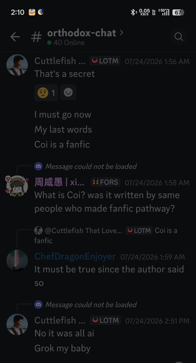 Belalsayeed07's tweet photo. "LOTM is mid"
"Coi is fanfic"
"and Roselle is self insert"💀

WHATT???😭😂🥀

Discord Cuttlefish😂 https://t.co/UcqevAcAkQ