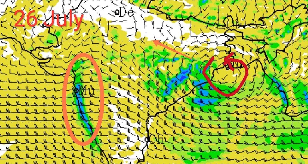 Hosalikar_KS's tweet photo. 26 Jul, As per IMD model guidance, possibility of LPA ovr NW BoB likely to intensify &amp; move w-nw wards during nxt 24,48 hrs,enhancing the rains ovr west coast including Hvy to VH ovr Konkan &amp; Ghats during the period.
Parts of Central India including N Mah likely to recv od rain! https://t.co/vYFZpe8G9A