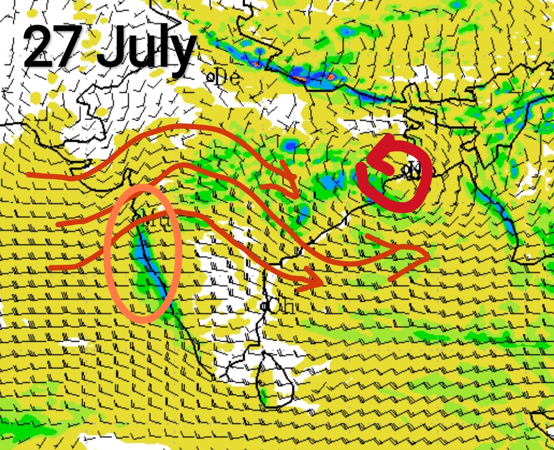 Hosalikar_KS's tweet photo. 26 Jul, As per IMD model guidance, possibility of LPA ovr NW BoB likely to intensify &amp; move w-nw wards during nxt 24,48 hrs,enhancing the rains ovr west coast including Hvy to VH ovr Konkan &amp; Ghats during the period.
Parts of Central India including N Mah likely to recv od rain! https://t.co/vYFZpe8G9A