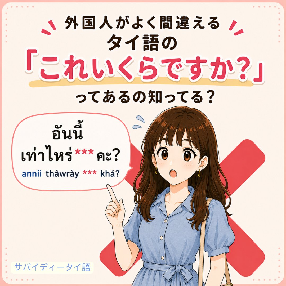 sabaidiithaigo's tweet photo. 外国人がよく間違えるタイ語の「これいくらですか？」ってご存知ですか？

ショート動画とかでちょこちょこ見かけるので、皆さんに紹介したいなと思って、今日の投稿を書きました！

まず正しいものを４パターン紹介しますね！

① 普通の言い方
⚫︎ อันนี้ราคาเท่าไหร่คะ/ครับ?
anníi raakhaa thâwrày khá / khráp ?
それぞれの単語の意味
・อันนี้ anníi これ
・ราคา raakhaa 値段
・เท่าไหร่ thâwrày いくら、いくつ

直訳：これ、値段いくらですか？

- - - - - - - - - -

② ราคา raakhaa （値段） を言わないバージョンも人気！
⚫︎ อันนี้เท่าไหร่คะ/ครับ?
anníi thâwrày khá / khráp ?

- - - - - - - - - -

③ อันนี้ (これ)を言わなくても通じます！
⚫︎ เท่าไหร่คะ/ครับ?
thâwrày khá / khráp ?

作ってくれた食べ物を受け取る時とかなら、全然使えますけど、
いきなりこれで聞くと、やはり少し短すぎるように感じます笑

- - - - - - - - - -

④ 「これ何バーツですか？」という表現
⚫︎ อันนี้กี่บาทคะ/ครับ?
anníi kìi bàat khá / khráp?

- - - - - - - - - -

よく間違える表現はこちらです！

⚫︎ อันนี้เท่าไหร่นะคะ/ครับ?
anníi thâwrày ná khá / khráp ?

นะ　ná を入れてしまうと、
「これいくらでしたっけ？」ってなってしまいます。

さっき教えてもらったけど、忘れたとか
ちゃんと聞き取れなかったとかなら使えますけど、
「これいくらですか？」という意味では使わないです。

นะ　ná を言うことで、
文章を和らげることができると教わったことがあるかもしれませんが、
実は「นะ　ná 」って奥深いんです！
また今度色々な使い方を紹介しますね😎

- - - - - - - - - -

タイ語の勉強を頑張ってください！
いつも応援しています。

パーン先生より~🍀

#タイ語　#タイ語学習　#タイ語単語　#タイ語勉強中　#タイ語講座
