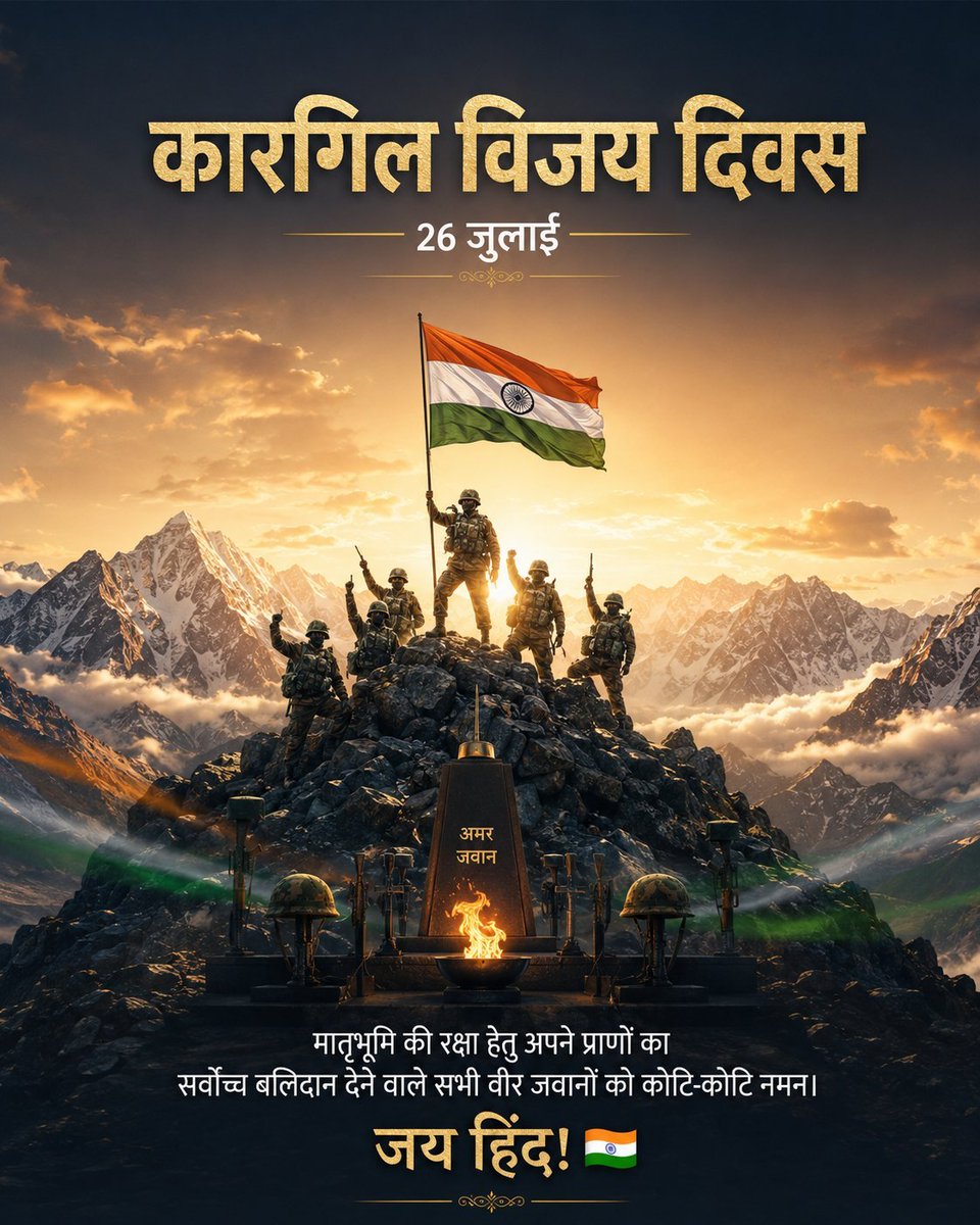 SatishKulria's tweet photo. देश के उन वीर सपूतों को कोटि-कोटि नमन, जिन्होंने कारगिल युद्ध में अपनी वीरता से ���ाँ भारती का मस्तक हमेशा के लिए ऊँचा कर दिया। आपकी शहादत और अदम्य साहस को यह कृतज्ञ राष्ट्र कभी नहीं भूलेगा। 🙏
#KargilVijayDiwas #IndianArmy #JaiHind #OperationVijay https://t.co/DmFaeQlqlY