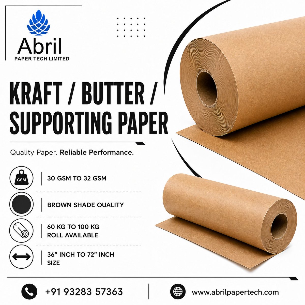 abrilpaper's tweet photo. 🟤 KRAFT / BUTTER / SUPPORTING PAPER

Looking for reliable Supporting Paper for your heat transfer process? We supply high-quality Brown Shade Kraft/Butter Paper designed to protect your Fusing Felt from ink transfer, ensuring cleaner production and longer felt life.

✅ 30 GSM – 32 GSM Quality
✅ Brown Shade Paper
✅ Roll Weight: 60 KG to 100 KG
✅ Widths Available: 36" to 64"
✅ Smooth Winding & Consistent Quality
✅ Ideal for Heat Transfer Printing Process
✅ Protects Fusing Felt from Ink Color Stains

🚚 Fast Supply Across India

📞 +91 - 9328357363
🌐 https://t.co/3MyVPocKGX
📩 sales@abrilpapertech.com

Abril Paper Tech Limited
Your Trusted Partner for Premium Heat Transfer Paper Solutions.

#SupportingPaper 
#KraftPaper 
#ButterPaper 
#HeatTransferPaper 
#rotaryheatpress