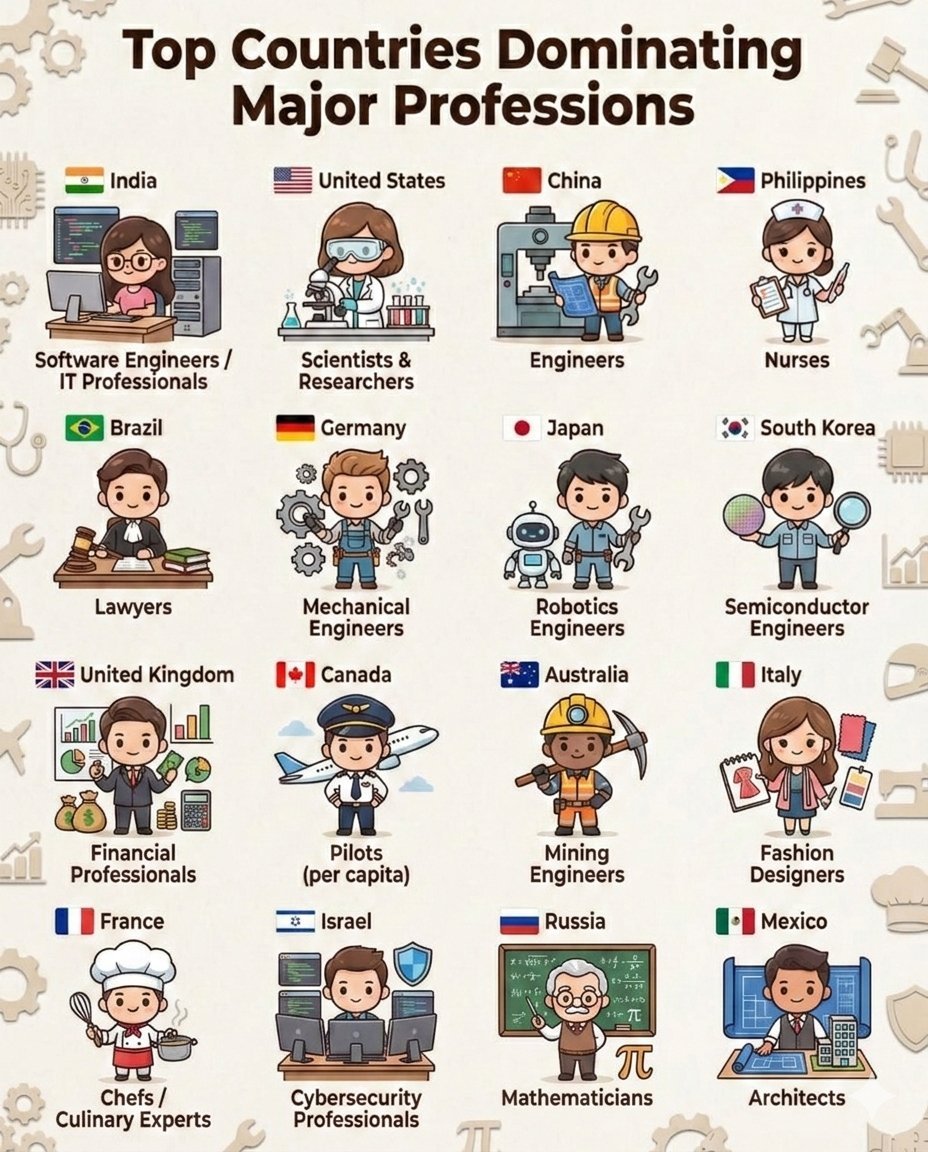 TheDataHubX's tweet photo. Top Countries Dominating Major Professions

1) 🇮🇳 India - Software Engineers / IT Professionals  
2) 🇺🇸 United States - Scientists & Researchers  
3) 🇨🇳 China - Engineers  
4) 🇵🇭 Philippines - Nurses  
5) 🇧🇷 Brazil - Lawyers  
6) 🇩🇪 Germany - Mechanical Engineers  
7) 🇯🇵 Japan - Robotics Engineers  
8)*🇰🇷 South Korea - Semiconductor Engineers  
9) 🇬🇧 United Kingdom - Financial Professionals  
10) 🇨🇦 Canada - Pilots (per capita)  
11) 🇦🇺 Australia - Mining Engineers  
12) 🇮🇹 Italy - Fashion Designers  
13) 🇫🇷 France - Chefs / Culinary Experts  
14) 🇮🇱 Israel - Cybersecurity Professionals  
15) 🇷🇺 Russia - Mathematicians  
16) 🇲🇽 Mexico - Architects

Note: This ranking is based on global industry reputation and workforce trends. It is not an official statistical ranking.