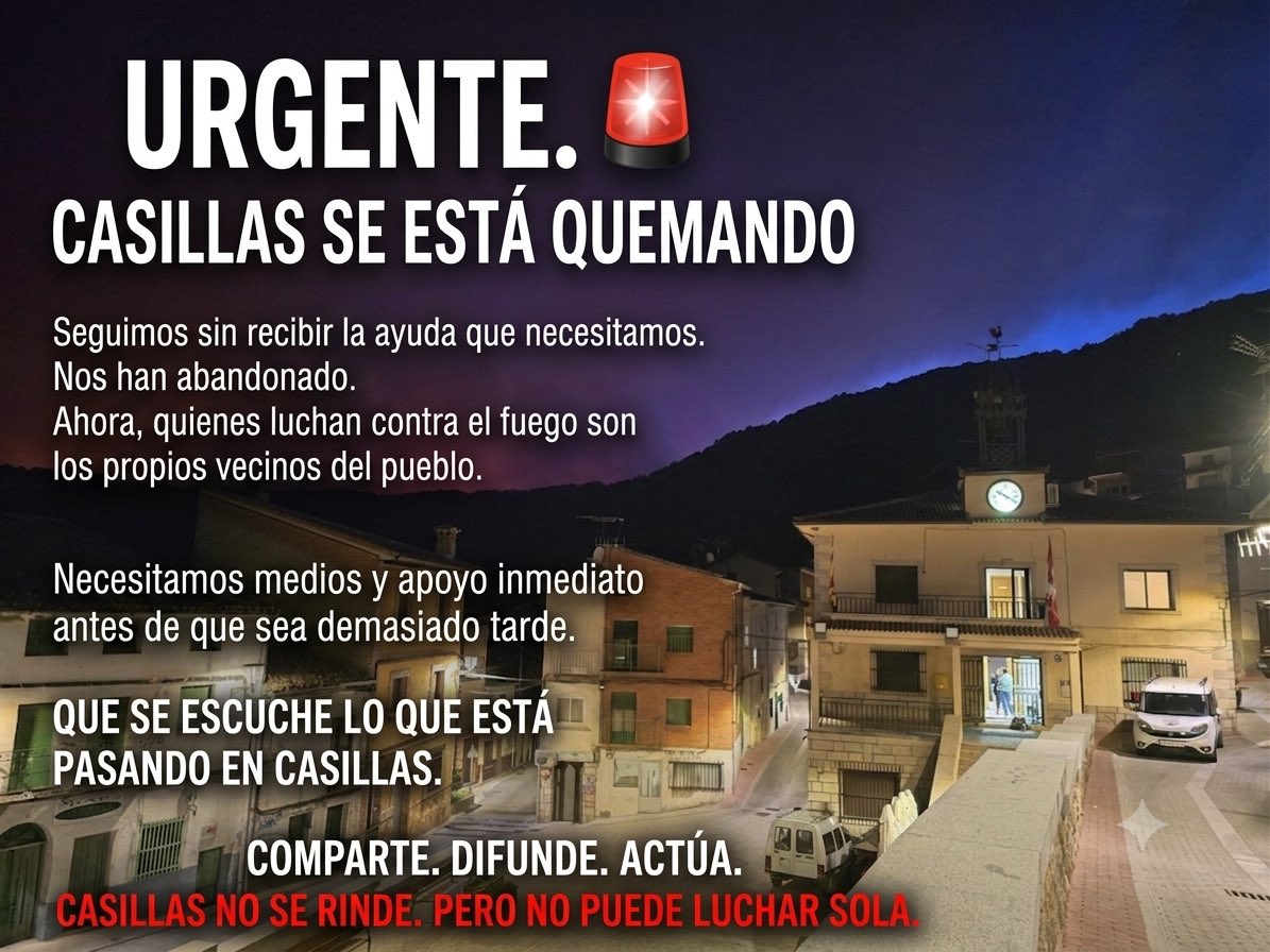 rakeliya85's tweet photo. 🚨 URGENTE | CASILLAS (ÁVILA)
Casillas sigue luchando contra el incendio. Necesitamos más medios para proteger nuestro pueblo y el Valle del Tiétar. Pedimos que esta situación no caiga en el olvido.

@UMEgob @proteccioncivil @guardiacivil 
@mitecogob @sanchezcastejon @IdiazAyuso https://t.co/c55QwHoT12