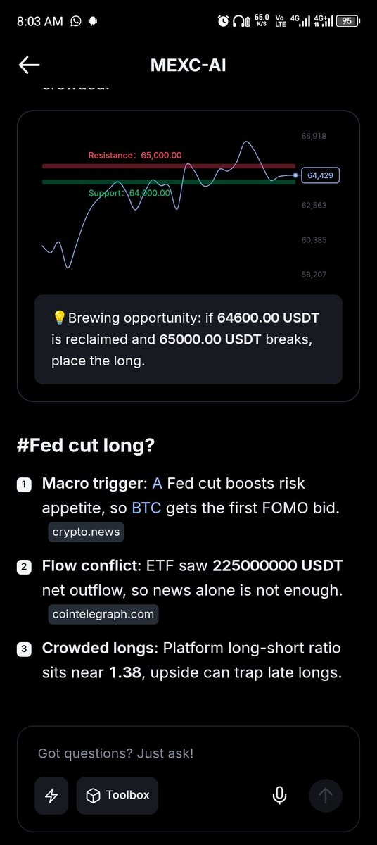 victech200's tweet photo. My prompt: If the U.S. Federal Reserve announces an interest rate cut, automatically open a long BTCUSDT position. 🤖 

Looking forward to seeing AI turn real-world events into trading opportunities. 
#MEXCAI https://t.co/e0XdFTEeBN
