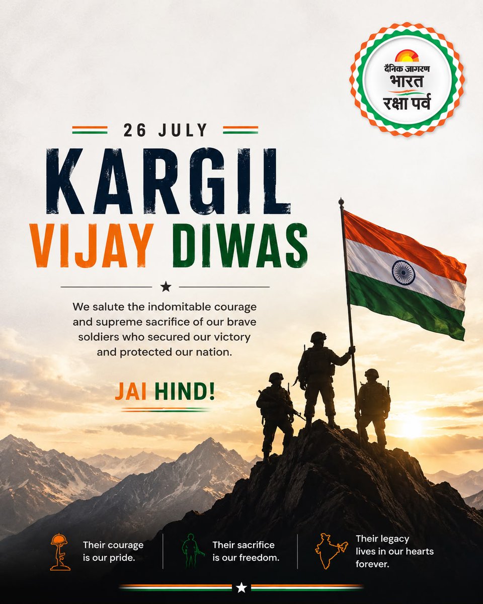 BharatRP26's tweet photo. On #KargilVijayDiwas, we salute the unmatched courage and supreme sacrifice of our brave soldiers. Their valor secured our nation, and their legacy inspires every generation. 🇮🇳
Jai Hind! ❤️
#IndianArmy #RememberTheBrave #JaiHind #KargilHeroes https://t.co/i8y8lerkhJ
