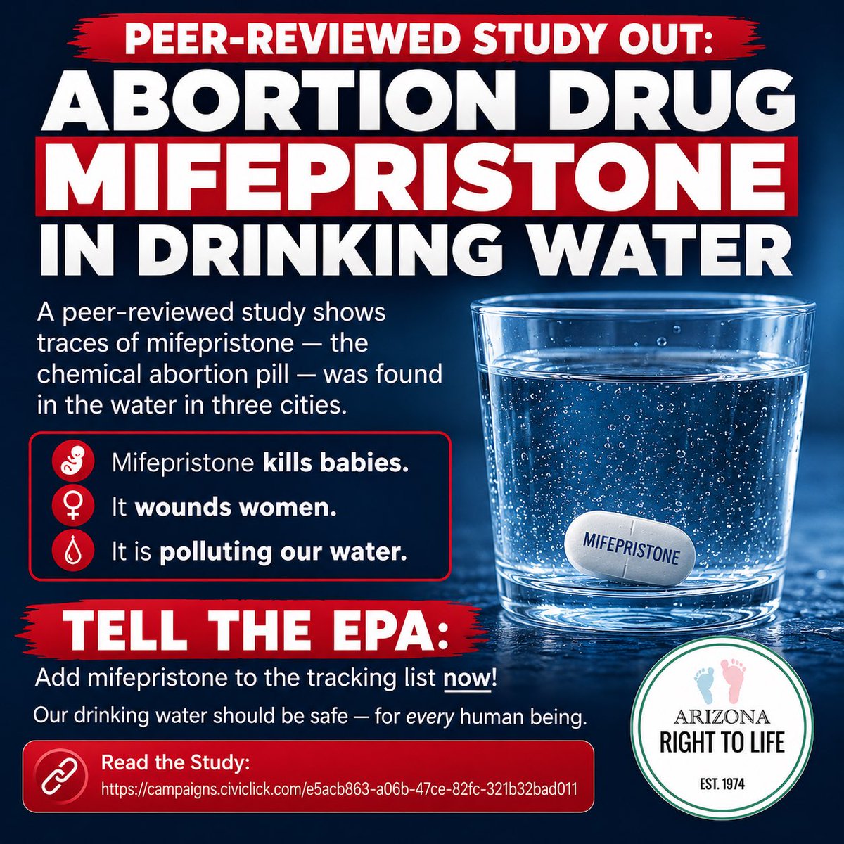 AZrighttolife's tweet photo. Peer-reviewed study finds abortion drug mifepristone in drinking water.
Traces detected in multiple cities. This chemical kills babies, harms women, and is now polluting our water supply.
EPA must act. Demand testing for mifepristone nationwide. https://t.co/Am6eU2N3P0
@KristanHawkins @StudentsforLife
