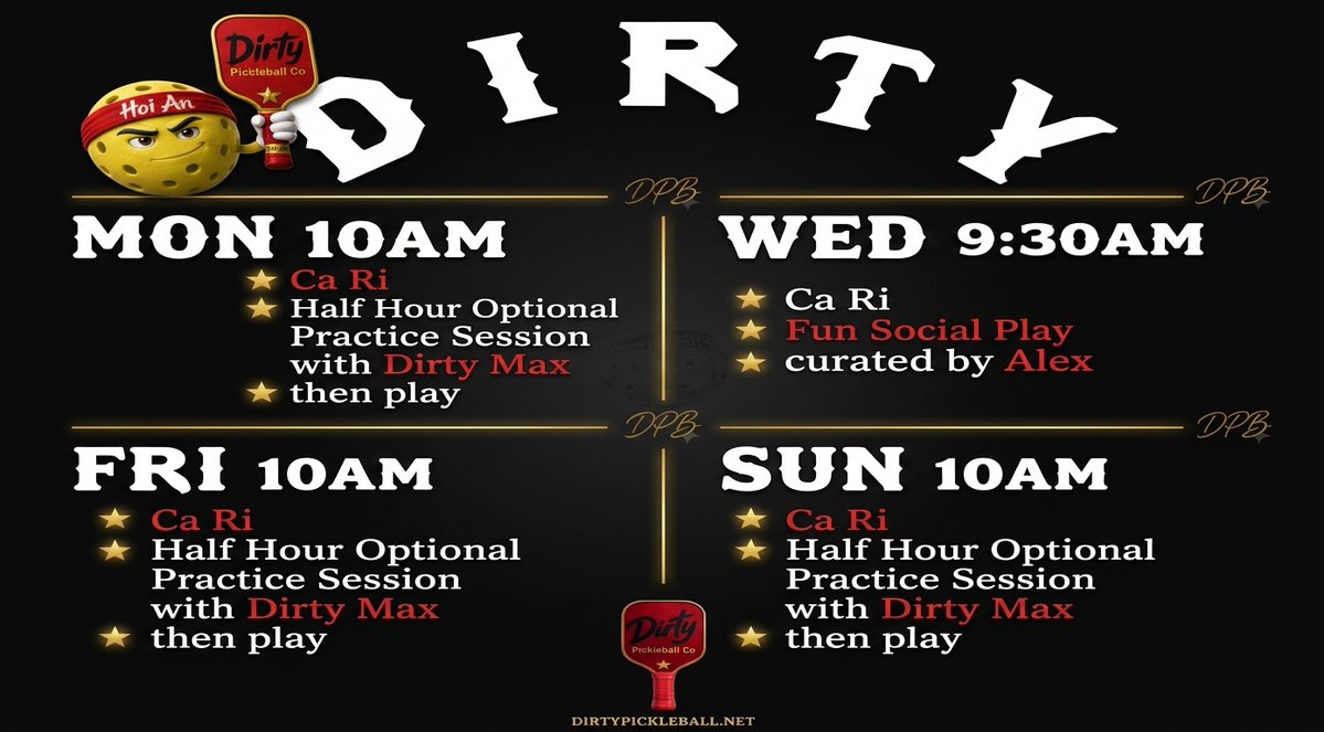 dirtypickleball's tweet photo. This week Dirty Max is giving free half hour training sessions before Dirty play begins. #hoianpickleball #hoiansocial #danangpick #hoianvietnam Cà Rí Pickleball &amp; Coffee Club - Hoi An @followers https://t.co/ZXhr8teSJo