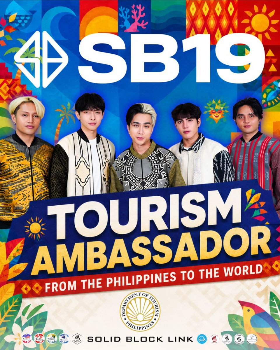 SB19SBLink's tweet photo. From Culture and the Arts, @SB19Official is now also, officialy, among the Philippines' tourism ambassadors. 

Our multi-hyphenate quintet are not only expanding frontiers and horizon, they are also taking on bigger and wider roles. 

We can't be any prouder. For what you have already been doing for years, now the government has already a seal, an acknowledgement. 

Congratulations SB19!🎉🇵🇭