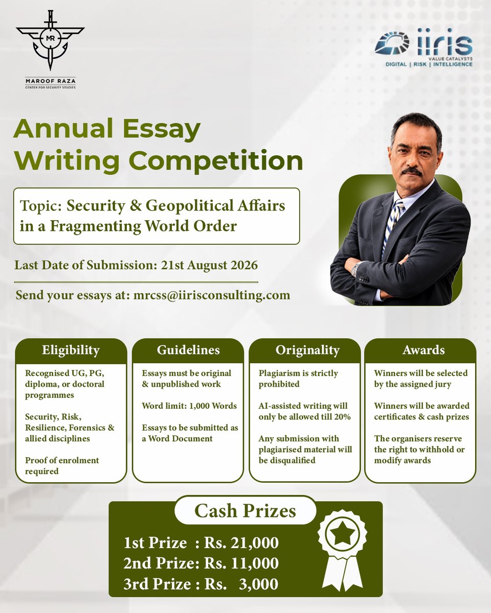 MaroofRaza_CSS's tweet photo. On #KargilVijayDiwas, we honour the courage of our Armed Forces. MRCSS invites students to enter its Annual Essay Competition on Security &amp; Geopolitical Affairs in a Fragmenting World Order. Entries close 21 Aug 2026. 

@ConsultingIiris #EssayCompetition #SecurityStudies https://t.co/tHWDwwJ12a