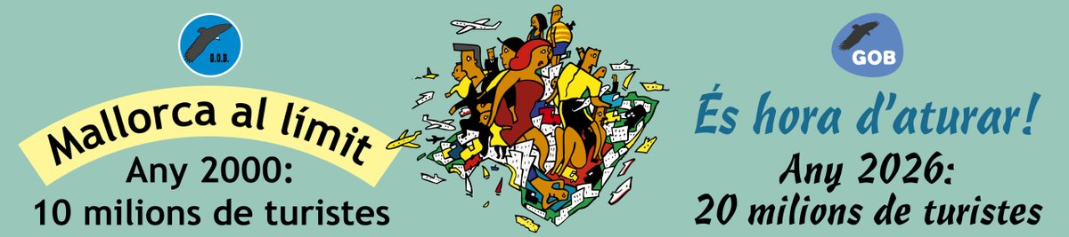 Tuguicomiquer's tweet photo. El cartell de la manifestació d'avui recupera una il·lustració que el gran Pere Joan va dibuixar per a una campanya del GOB l'any 2000, quan Mallorca *només* rebia 10 milions de turistes. Enguany, les previsions parlen de 20 milions. L'any passat en varen ser més de 19 milions. https://t.co/S1PimxAL56
