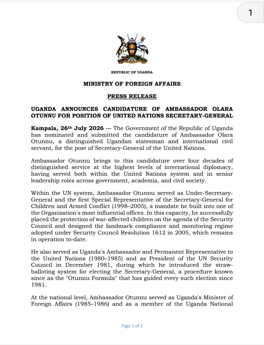 UgandaMFA's tweet photo. UGANDA ANNOUNCES CANDIDATURE OF AMBASSADOR OLARA OTUNNU FOR POSITION OF UN SECRETARY-GENERAL https://t.co/lPI3m6rqoK