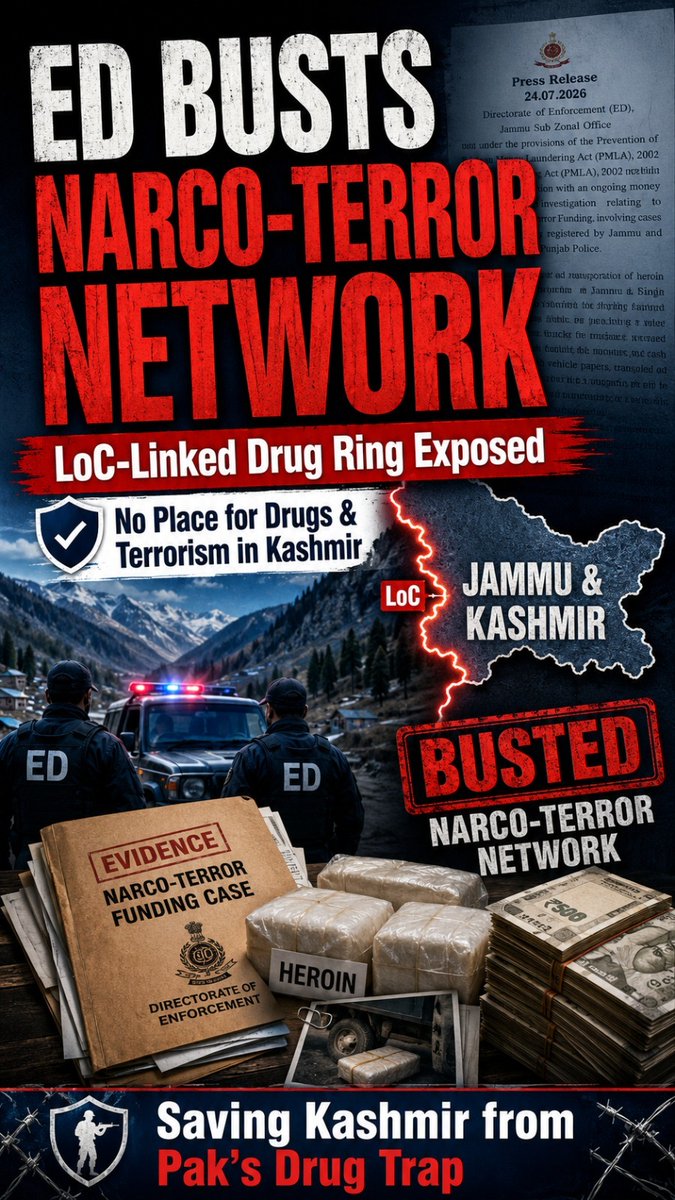 manzoorahmed014's tweet photo. The Enforcement Directorate uncovers an alleged narco-terror funding network linked to cross-border drug trafficking, reinforcing efforts to dismantle illegal financial operations and safeguard national security. 
"
#ED #NarcoTerror #DrugTrafficking #PMLA https://t.co/Iu1J3aUnTp