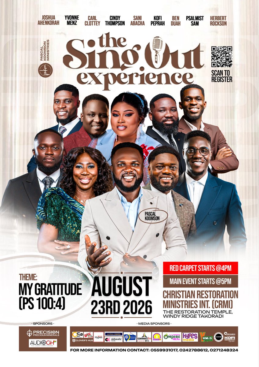 pascal_koomson's tweet photo. Gratitude will be our song! πΆ
Mark your calendar for August 23, 2026.
Join Pascal Koomson at The Sing Out Experience with us as we raise one sound of thanksgiving and gratitude to God. ππΎ
See you in Takoradi!
#MyGratitude
#PascalKoomson
#SingOutExperience
#MinPascalKoomson https://t.co/CPPhRtiJPm