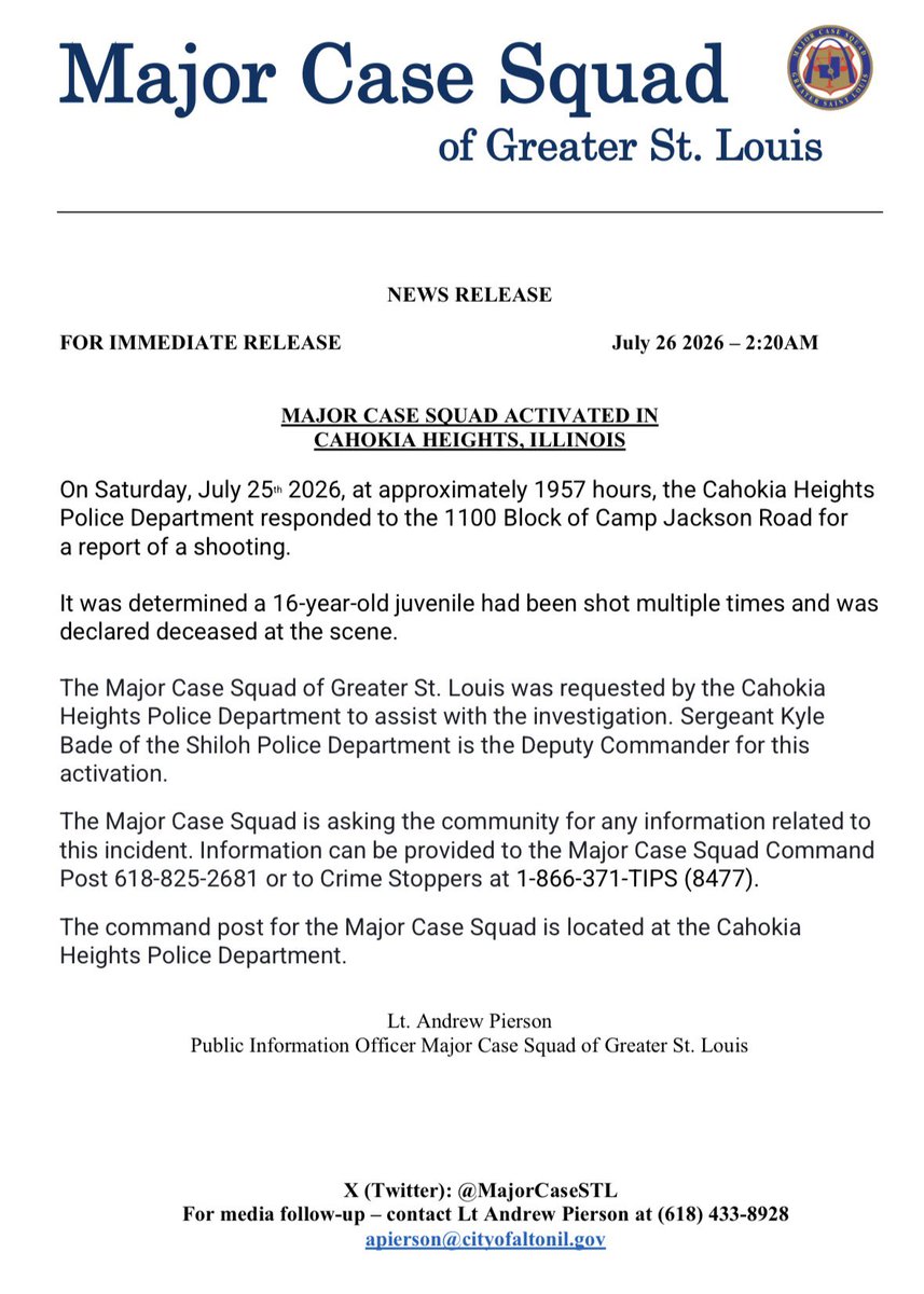 MajorCaseSTL's tweet photo. The Major Case Squad has been activated related to a fatal shooting in the 1100 block of Camp Jackson Road. Information can be provided to the Major Case Squad Command Post 618-825-2681 or to Crime Stoppers at 1-866-371-TIPS (8477). https://t.co/cCBhme3GtL