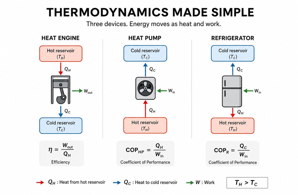 cosmosarcive's tweet photo. Thermodynamics explains how heat and energy move through every machine around us.

• Heat Engine: Converts heat into useful work while releasing some heat to a colder reservoir.

• Heat Pump: Uses external work to transfer heat from a colder place to a warmer place for heating.

• Refrigerator: Uses external work to remove heat from a cold space and reject it to a warmer surrounding.

Understanding the direction of heat flow and the role of work is the key to telling these three devices apart. Once that concept is clear, their efficiency and performance formulas become much easier to understand.