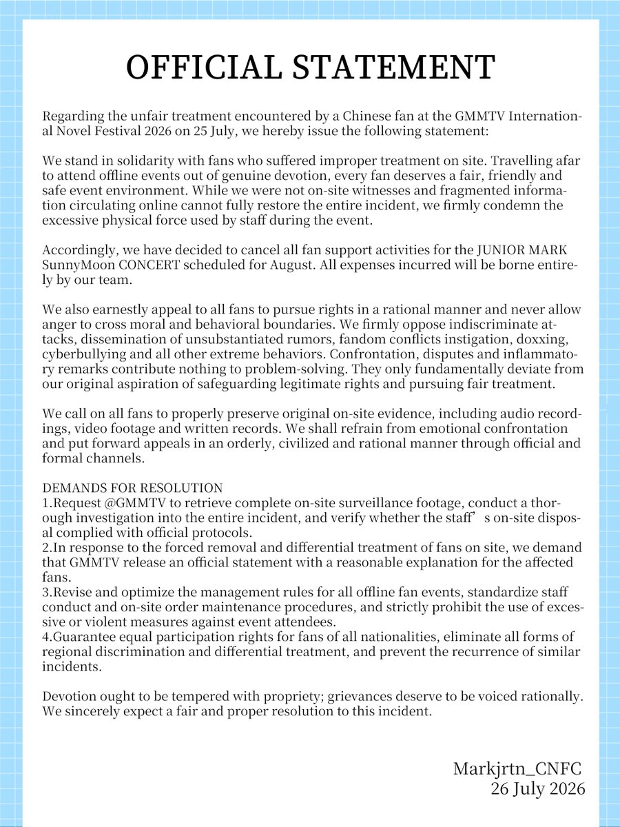 Markjrtn_CNFC's tweet photo. 郑重声明
OFFICIAL STATEMENT

#งานมหกรรมนิยายนานาชาติ2026xgmmtv 
#StopViolenceAgainstFans
#GMMTVRespectinternationalFans
#ProtectFansSafetyAtGMMTVEvents https://t.co/s8dvlcN5JN