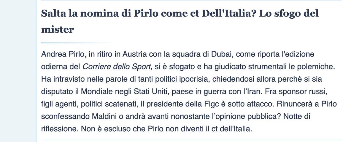 pier_falasca's tweet photo. Caro Pirlo, se dopo tutto questo casino, anziché annunciare la rinuncia immediata a qualsiasi rapporto di sponsorizzazione con Fonbet (il bookmaker russo), ti metti pure a spiegare che l'ipocrisia è quella degli altri, e che allora l'Iran ai Mondiali etc etc... significa che davvero non hai capito un tubo del problema. 
Il CT della Nazionale italiana non può prendere soldi da Mosca, se questo a Pirlo non è chiaro allora è bene che resti a fare l'allenatore della squadra neopromossa nel campionato degli Emirati Arabi.