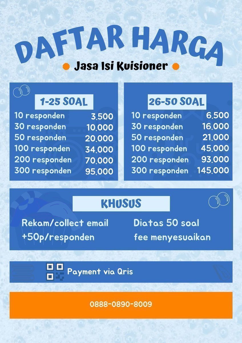 chyra123_'s tweet photo. Jasa isi Kuesioner harga mulai 350 perak/responden bisa request #zonauangㅤ https://t.co/kDUETpZxgP