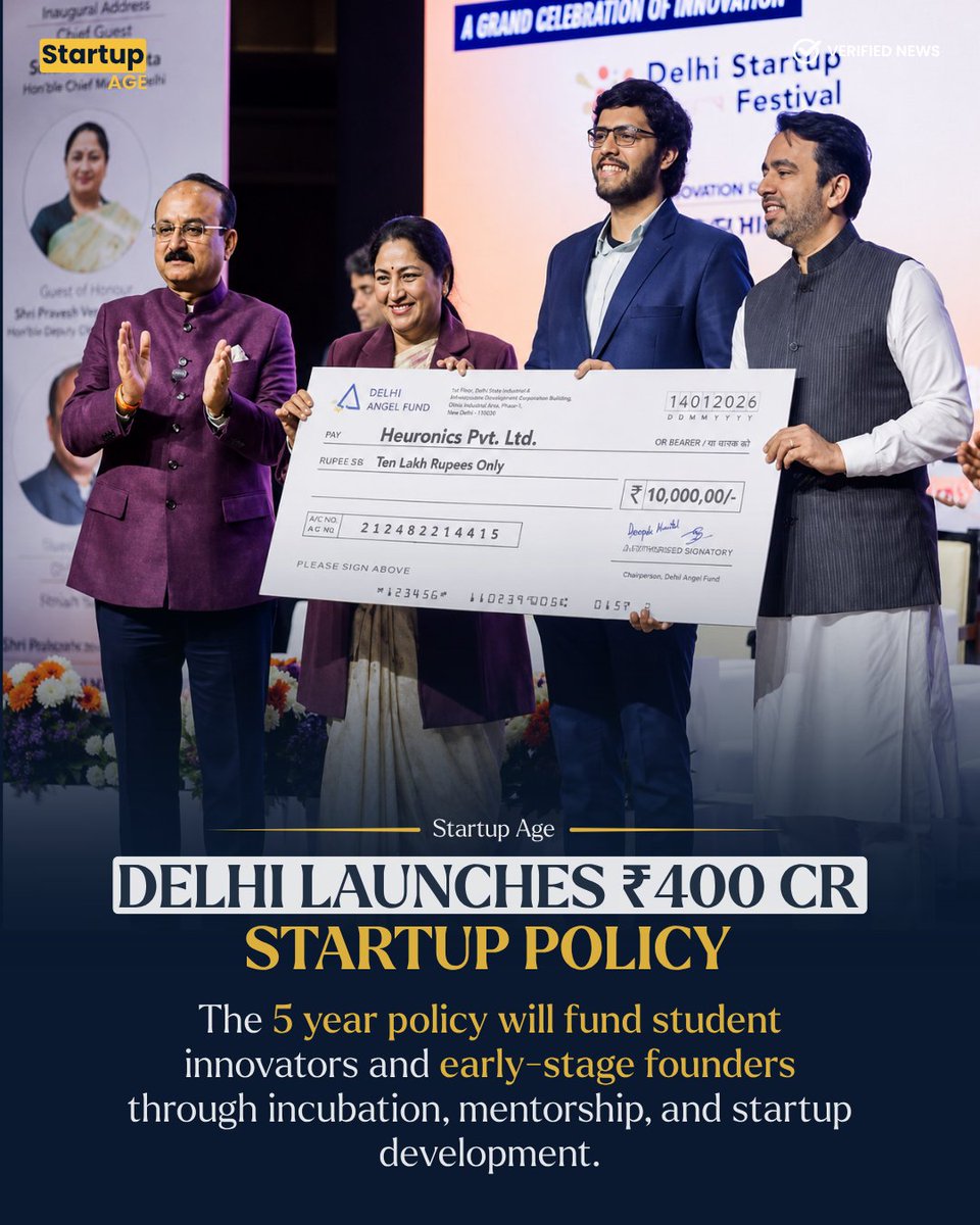 Startup_age's tweet photo. Delhi approves ₹400 crore Startup & Incubation Policy
The 5-year policy will fund incubation centres, mentorship, and startup support across universities, colleges, ITIs, and schools, helping students turn ideas into businesses and become job creators.
#StartupIndia #Delhi https://t.co/ZPgpilyrwL