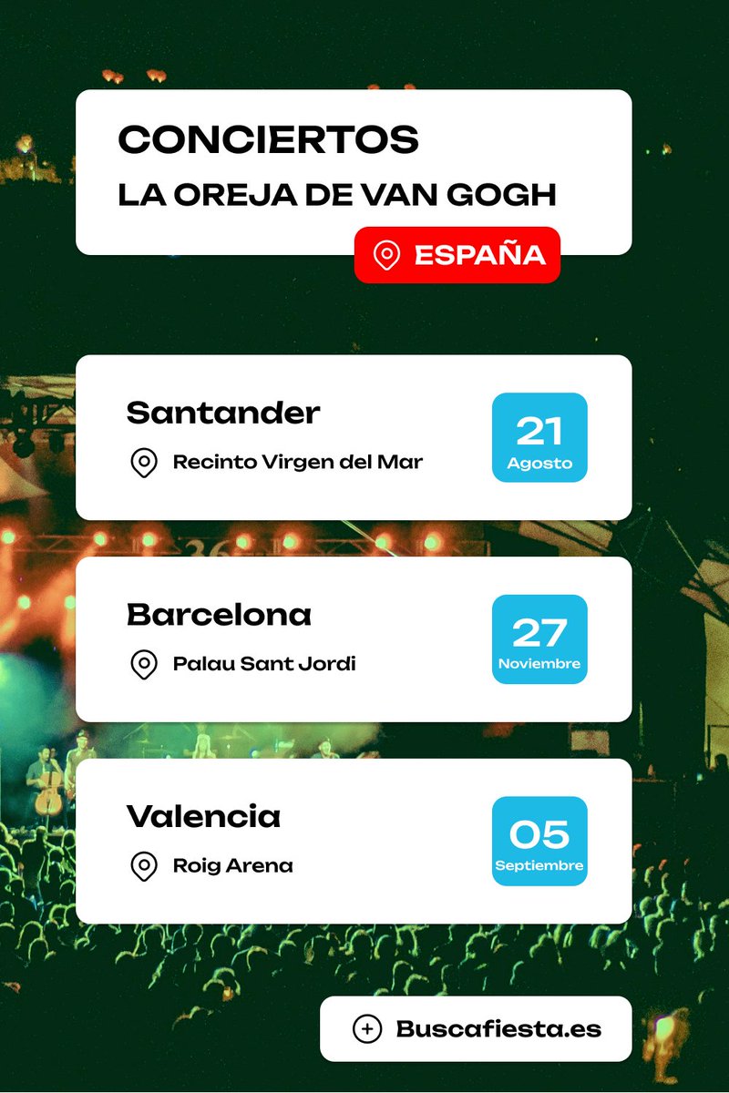 BuscafiestaESP's tweet photo. Conciertos La Oreja de Van Gogh.

Hay bandas que marcan épocas. Y luego está La Oreja de Van Gogh, esa banda que lleva tres décadas siendo la banda sonora de millones de personas en todo el mundo. 🎶

https://t.co/GxLNAwS3KN https://t.co/c453KsOf5o